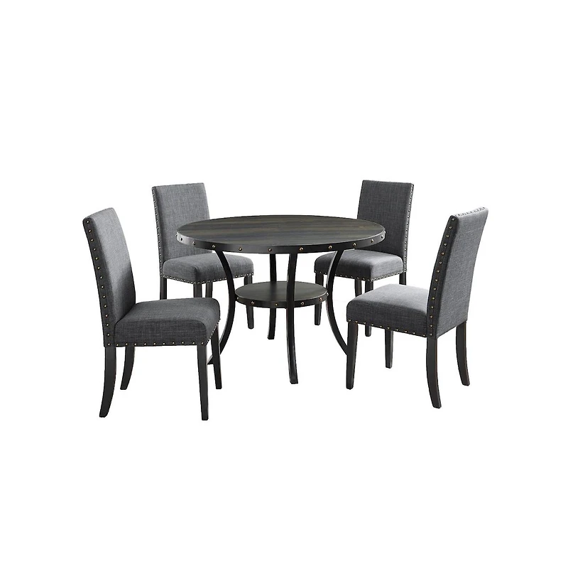 Roundhill Furniture Biony Espresso Wood Dining Set with Gray Fabric Nailhead Chairs, 5-Pc
