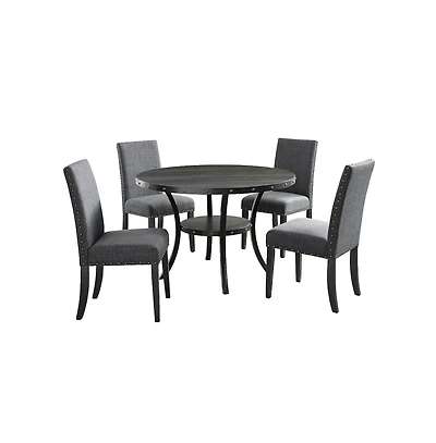 Roundhill Furniture Biony Espresso Wood Dining Set with Gray Fabric Nailhead Chairs, 5-Pc