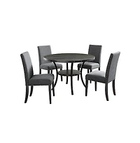 Roundhill Furniture Biony Espresso Wood Dining Set with Gray Fabric Nailhead Chairs, 5-Pc