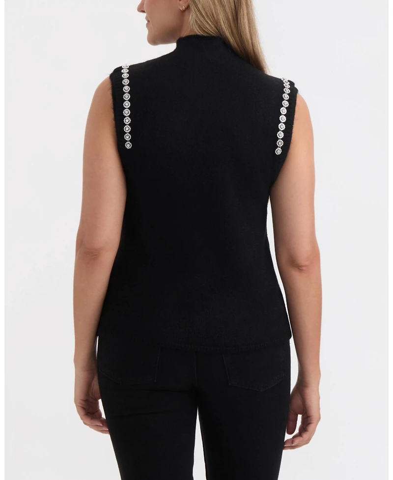Ellen Tracy Women's Sleeveless Sweater Vest with Rhinestone Trim