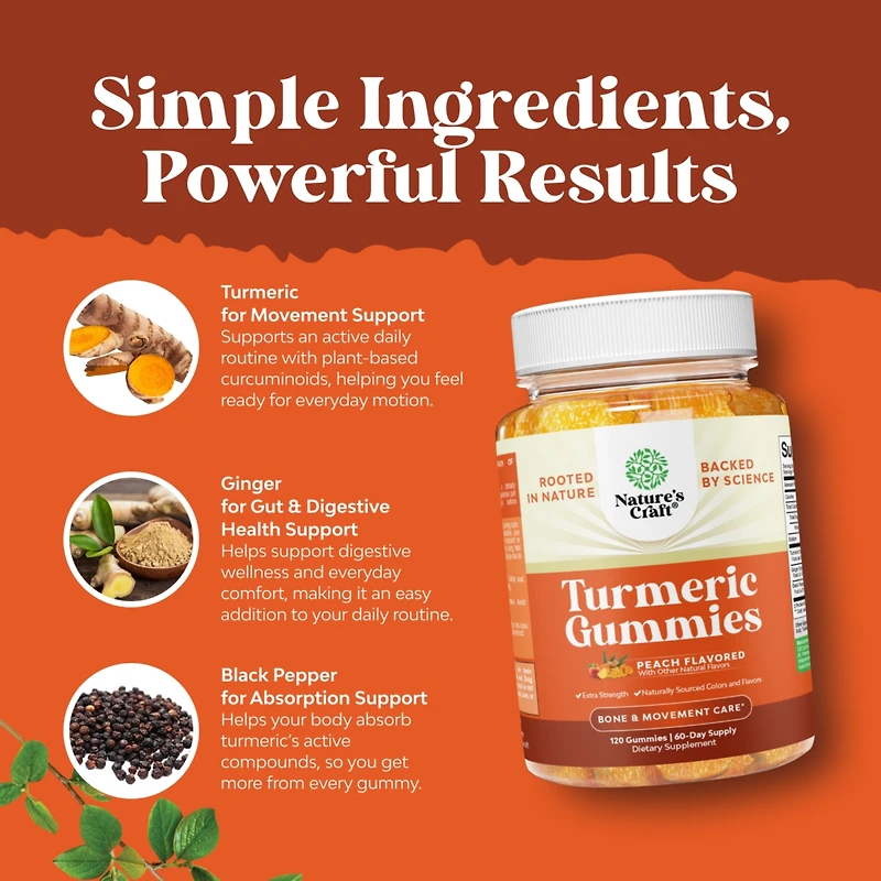 Nature's Craft Turmeric Gummies, Extra Strength Joint Support Gummies with Turmeric Curcumin with Black Pepper Extract and Ginger, Nature's Craft, 120