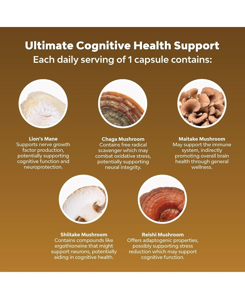 Nature's Craft Lion's Mane Complex Capsules, Brain Booster Nootropic Supplement with Chaga Maitake Shiitake and Reishi, Nature's Craft, 120ct