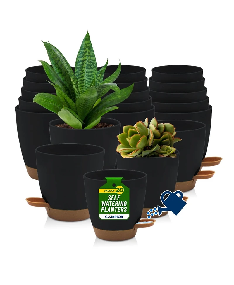 Lifemaster Black Self Watering Pots 20 Pack, Indoor and Outdoor Plant Pots with Wick Rope & Drainage Holes, Easy Watering Lip, Lightweight Plastic Sel
