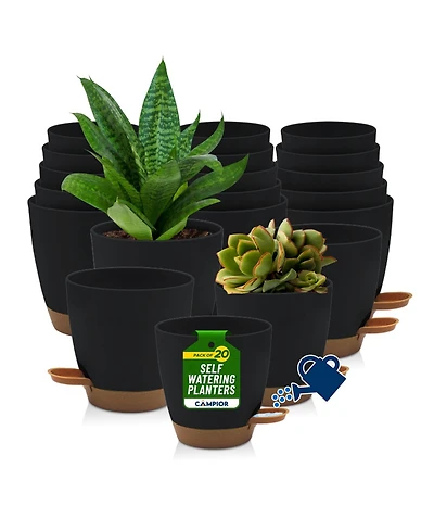 Lifemaster Black Self Watering Pots 20 Pack, Indoor and Outdoor Plant Pots with Wick Rope & Drainage Holes, Easy Watering Lip, Lightweight Plastic Sel