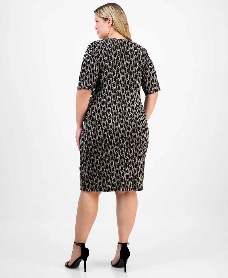 Connected Plus Elbow-Sleeve Wrap Side-Tie Jersey Dress