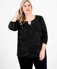 Jm Collection Plus Size Metallic Jacquard 3/4-Sleeve Top, Macy's Exclusive