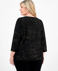 Jm Collection Plus Size Metallic Jacquard 3/4-Sleeve Top, Macy's Exclusive