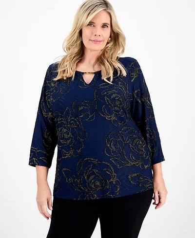 Jm Collection Plus Size Metallic Jacquard 3/4-Sleeve Top, Macy's Exclusive