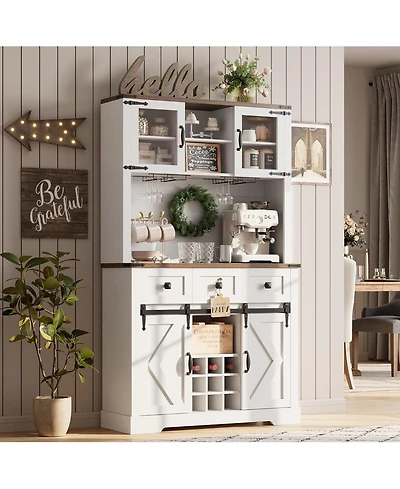gaomon 72" Pure White Farmhouse Bar Cabinet with Sliding Barn Door, Kitchen Buffet with Hutch, 3 Drawers, Wine & Glasses Rack