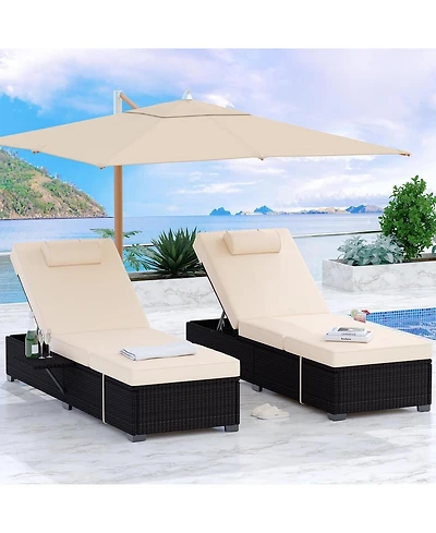gaomon Outdoor Brown Wicker Patio Chaise Lounge Chairs Set of 2, Adjustable Backrest Lounger with Beige Cushion for Pool & Outdoor Use