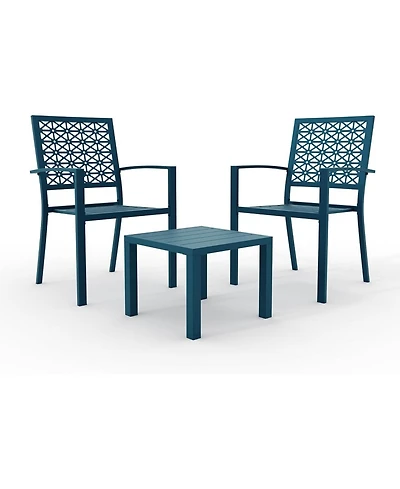Gaomon 3 Pcs Blue Patio Bistro Set, Outdoor Stackable Steel Chairs & Square Coffee Table for Balcony, Porch, Garden, Lawn