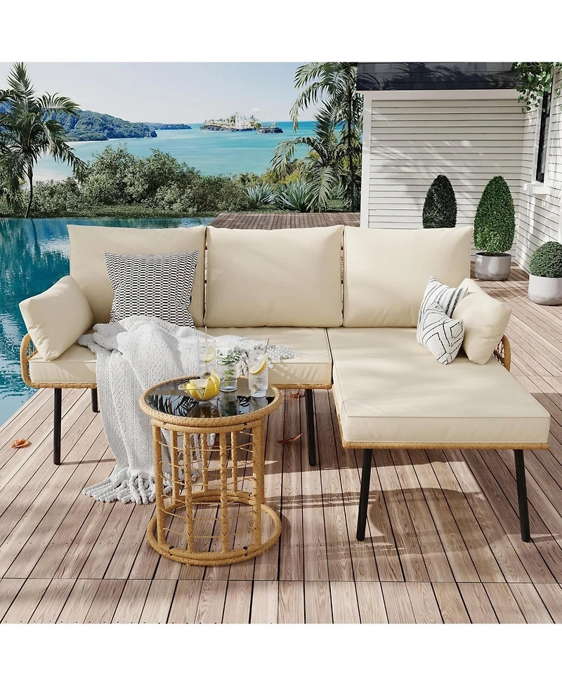 gaomon 3-Pieces Outdoor Wicker Patio Conversation Set with Sofa, Coffee Table & Cushions, Sectional Couch for Balcony, Backyard, Deck