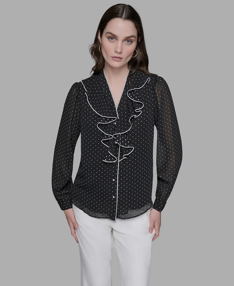 Karl Lagerfeld Paris Women's Clip-Dot Ruffled Blouse Top