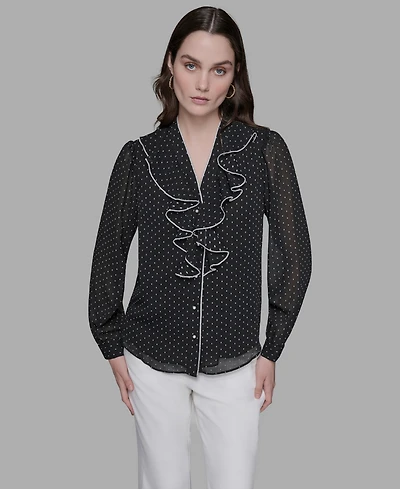 Karl Lagerfeld Paris Women's Clip-Dot Ruffled Blouse Top