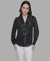 Karl Lagerfeld Paris Women's Clip-Dot Ruffled Blouse Top