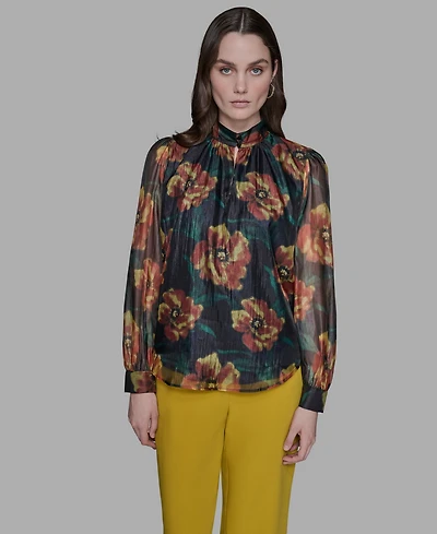 Karl Lagerfeld Paris Women's Floral-Print Mock-Neck Blouse Top