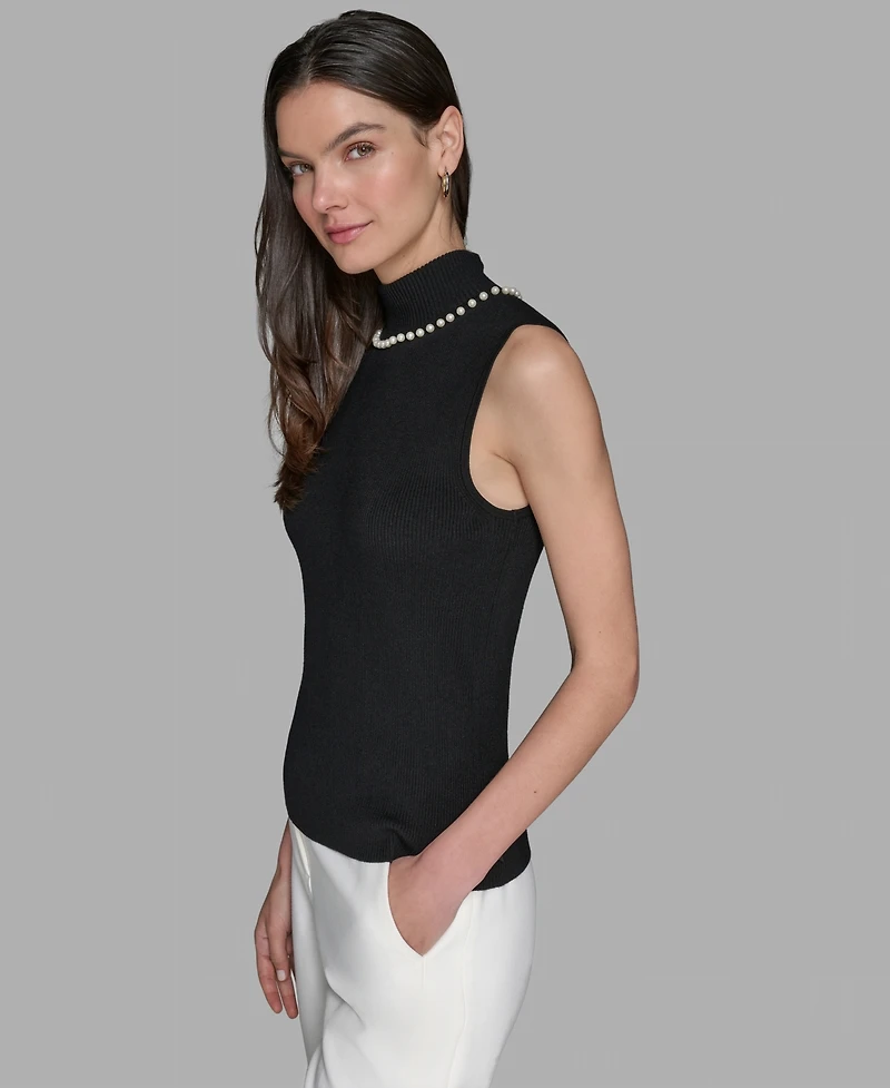 Karl Lagerfeld Paris Women's Bead-Embellished Sleeveless Mock-Neck Top