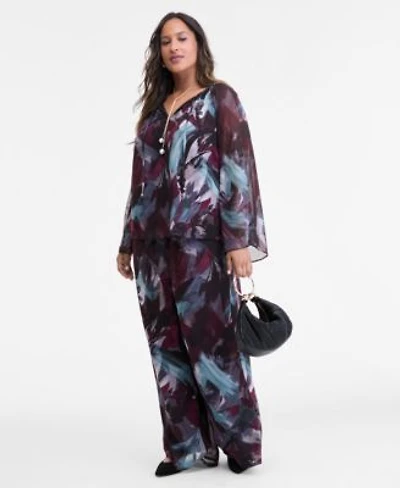I.N.C. International Concepts Plus Size Printed Long Sleeve Tie Front Blouse High Rise Wide Leg Crinkle Pants Macys Exclusive