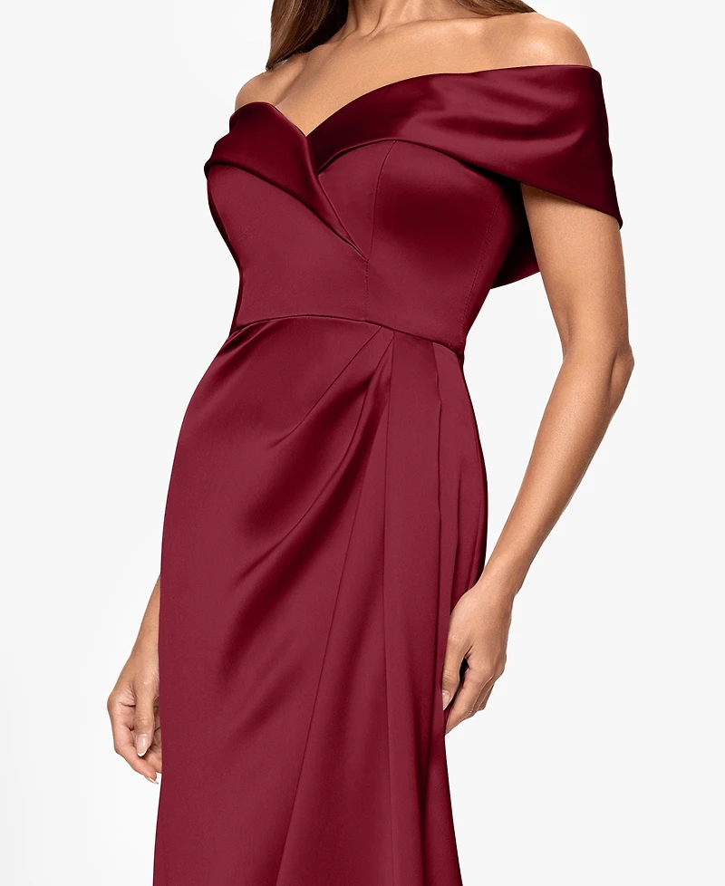 Xscape Women's Off-The-Shoulder Short Sleeve Satin Long Dress