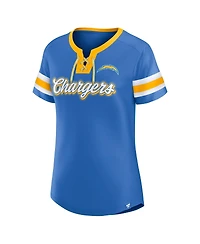 Fanatics Women's Powder Blue Los Angeles Chargers True Catch Iconic Rhinestone Bling Athena Lace-Up T-Shirt