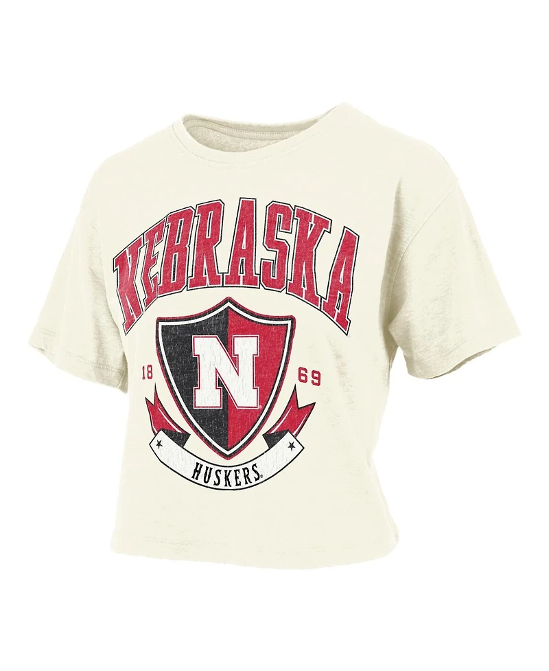 Pressbox Women's Cream Nebraska Huskers Buckler Vintage Cropped T-Shirt
