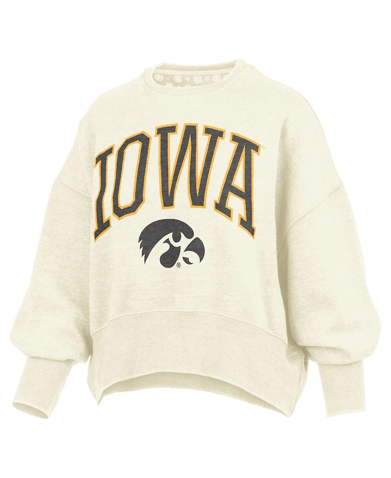 Pressbox Women's Natural Iowa Hawkeyes Oversized Waist-Length Crewneck Sweatshirt
