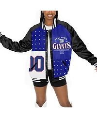 Gameday Couture Women's Black/Royal New York Giants Oversized Hot Shot Rhinestone Throwback Full-Snap Varsity Bomber Jacket