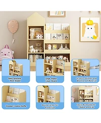 Jujabu Light Brown Wood Kids Bookshelf Toy Storage Organizer with Bookcase for Books, Toys