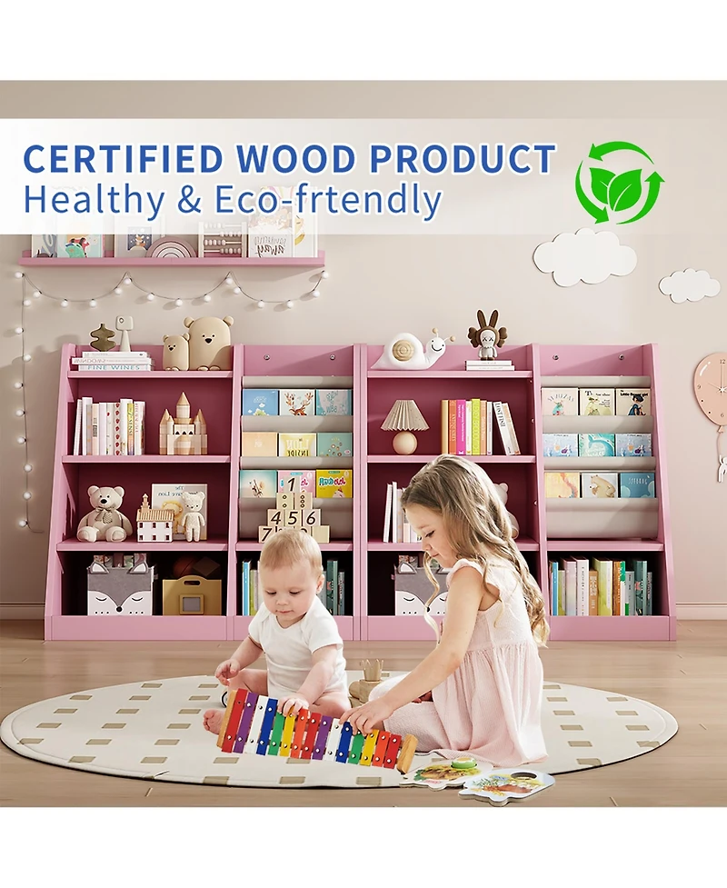 Jujabu Pink Wood Kids Bookshelf Toy Storage Organizer with Sling Book Rack Shelf for Playroom