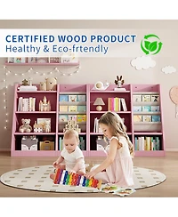 Jujabu Pink Wood Kids Bookshelf Toy Storage Organizer with Sling Book Rack Shelf for Playroom