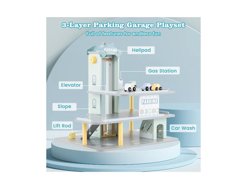 Akiudex 3-Layer Wooden Parking Garage Playset with Cars and Helicopter