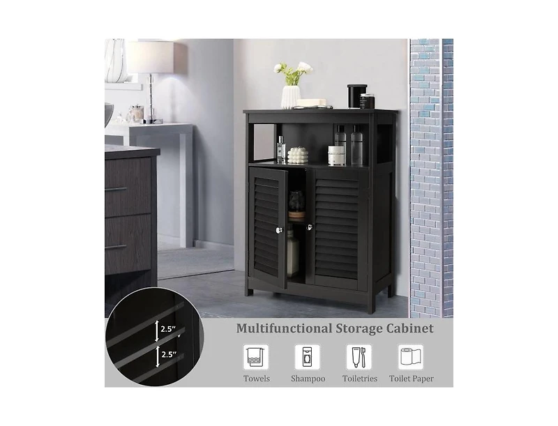 Slickblue Farmhouse Bathroom Linen Cabinet with Louvered Doors and Open Storage Shelf