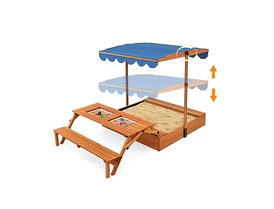 Akiudex 3-in-1 Kids Wooden Sandbox with Bench, Table, Bins and Adjustable Canopy