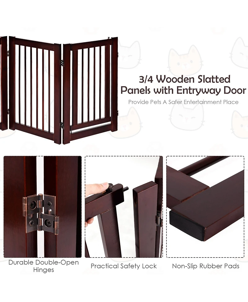 Akiudex 4-Panel Foldable Wooden Pet Gate with Lockable Door and Adjustable Shape