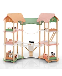 Akiudex 3-Story Wooden Dollhouse with Furniture and Corner Design for Kids Ages 3+