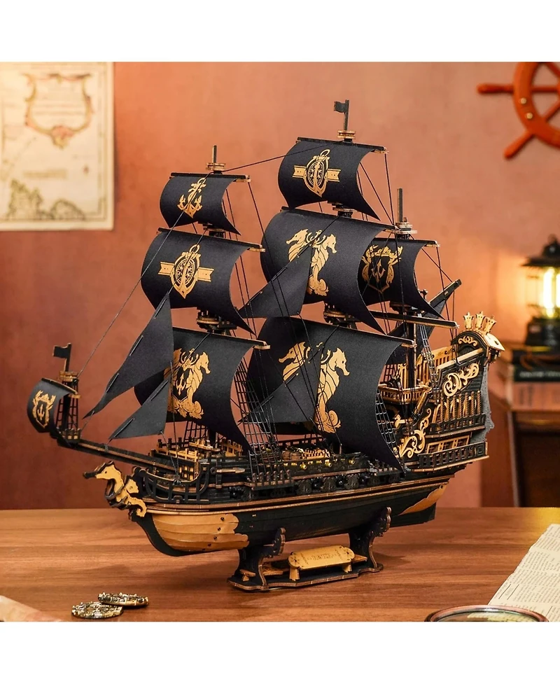 Robotime 3D Puzzles, Wooden Puzzle with Pirate Ship Theme, Building Toys for Kids Adults, Black, 18.5"7.1"15.4