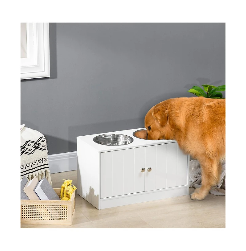 Aostirmotor 44in-l White Elevated Dog Bowls Storage Cabinet Raised Dog Bowl Stand Feeding Station