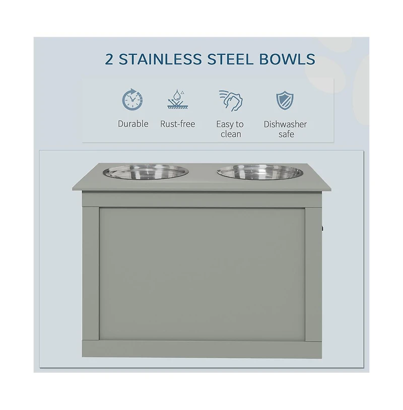 Aostirmotor Gray Raised Pet Feeding Station Storage with 2 Stainless Steel Bowls for Large Dogs