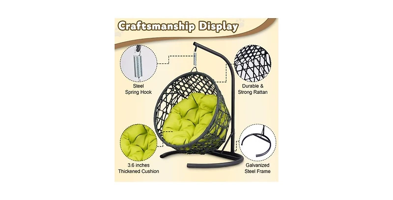 Rattan Wicker Cat Swing Bed with Stand and Green Cushion, Hanging Swinging Cat Bed for Cats and Small Animals