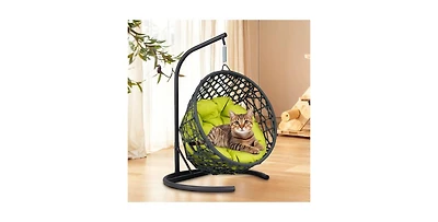 Rattan Wicker Cat Swing Bed with Stand and Green Cushion, Hanging Swinging Cat Bed for Cats and Small Animals