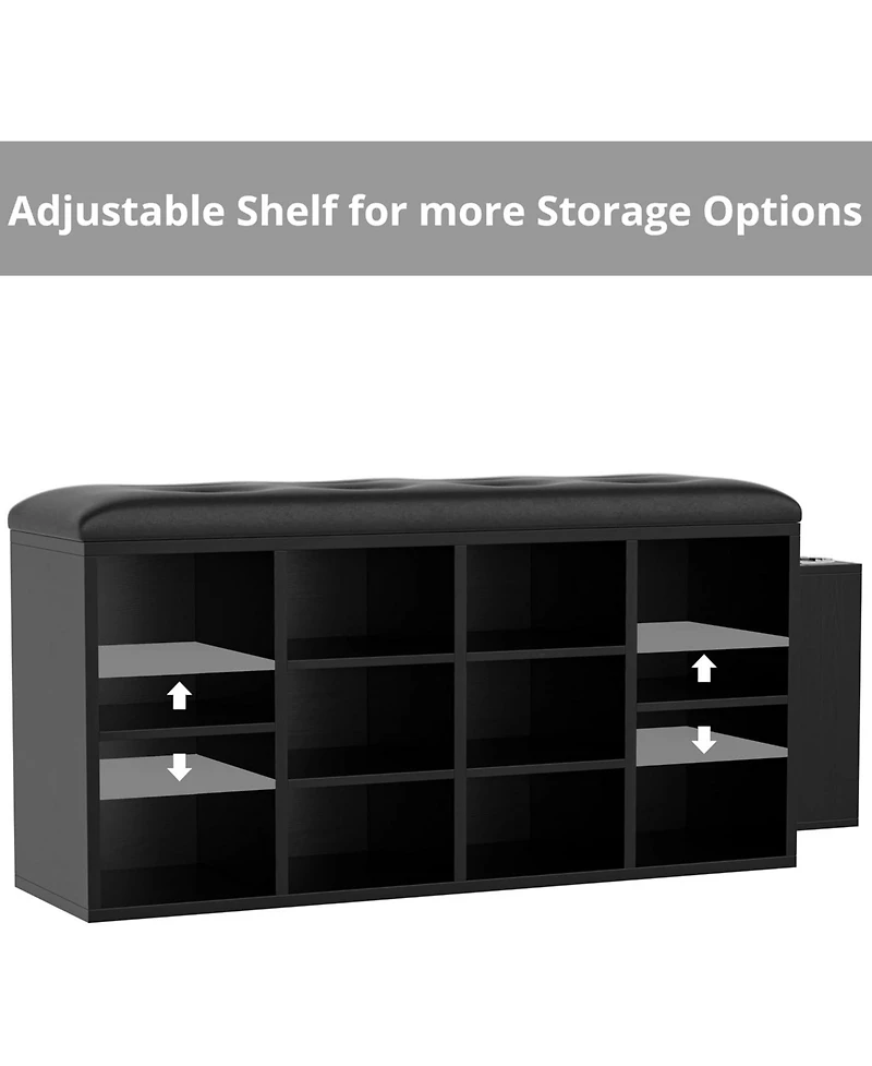 Ironck Shoe Bench, Ten Cubbies Storage Entryway Bench with Pu Leather, Black