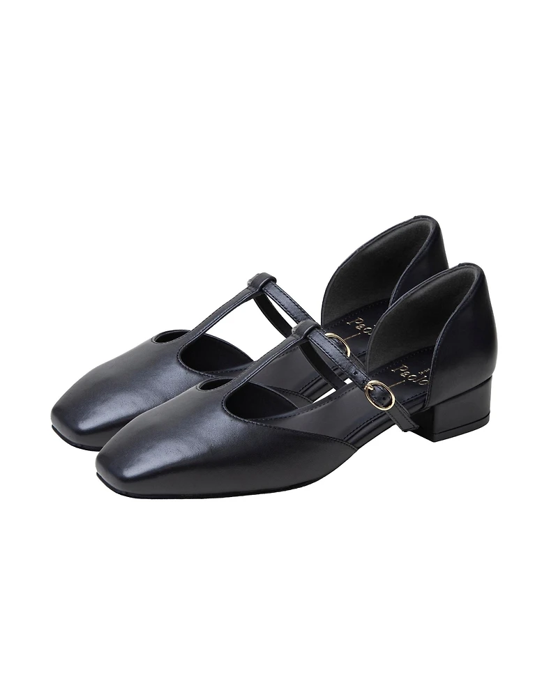 Coralee | Two Piece T-Strap Low Heel Leather Pumps