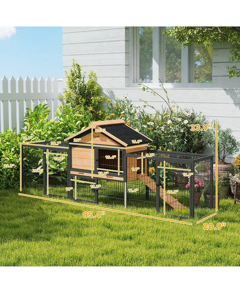 PawHut 85" Rabbit Hutch Outdoor with Steel Run, Removable Plastic Tray