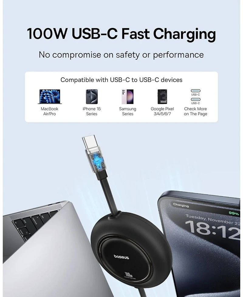Baseus Usb C Cable, 100W 2-Pack 6.6ft Retractable Usbc to Usbc Fast Charging Cable, 7-Stage Length Preset Retractable Type C Cord