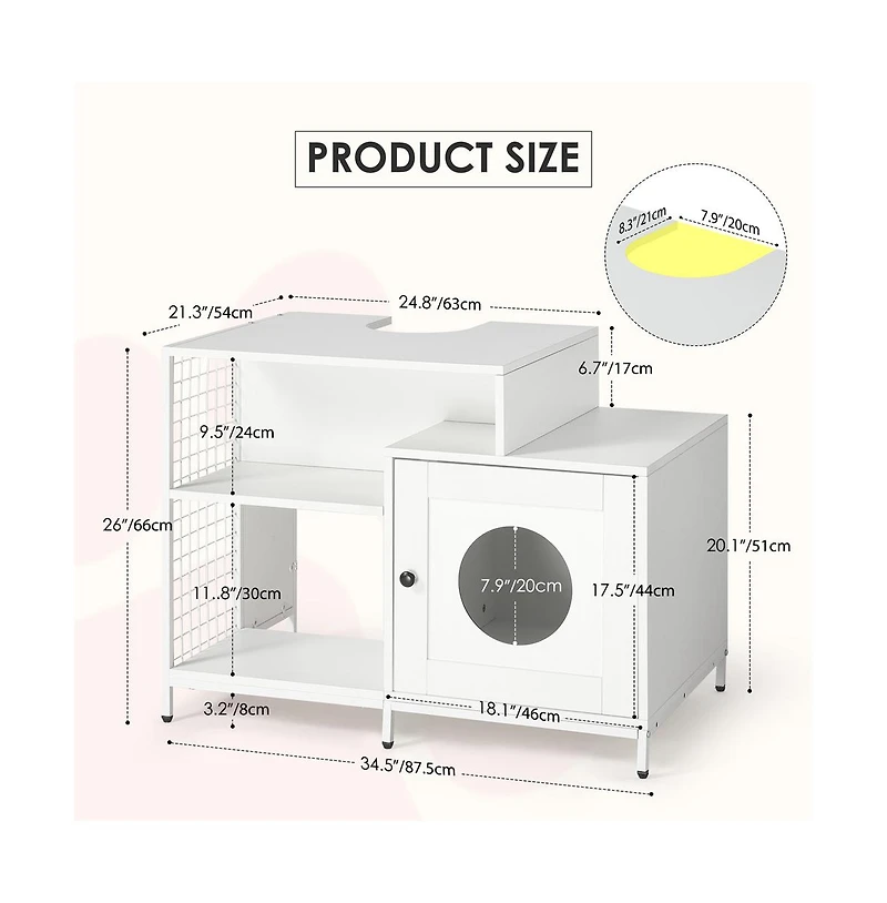 Aostirmotor White Cat Litter Box Enclosure Hidden Litter Washroom with Divider Indoor Large Cats
