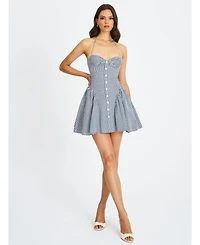 Miss Circle Women Melody Navy Blue Railroad Stripe Halter Drop Waist Mini Dress