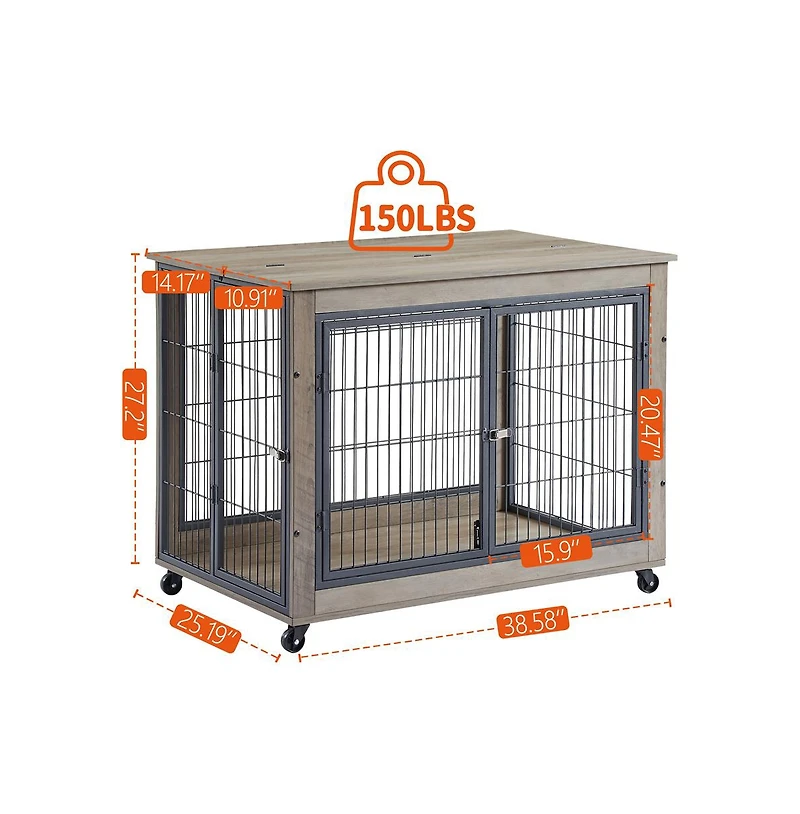 Aostirmotor Grey Dog Crate Side Table with Wheels Double Doors and Lift Top