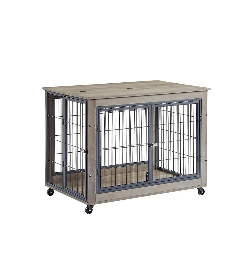 Aostirmotor Grey Dog Crate Side Table with Wheels Double Doors and Lift Top