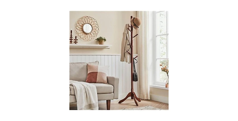 Slickblue Freestanding Solid Wood Coat Rack with 8 Hanging Hooks, Modern Design