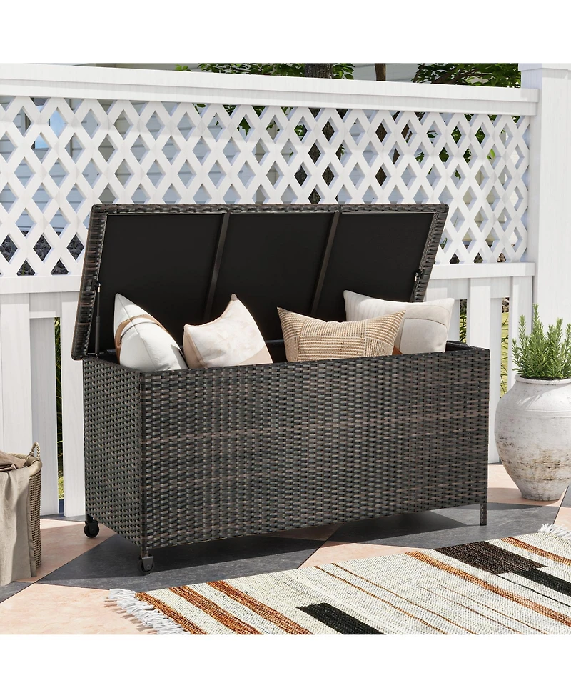 Akiudex 85 Gallon Outdoor Pe Rattan Storage Deck Box with Wheels and Gas Strut
